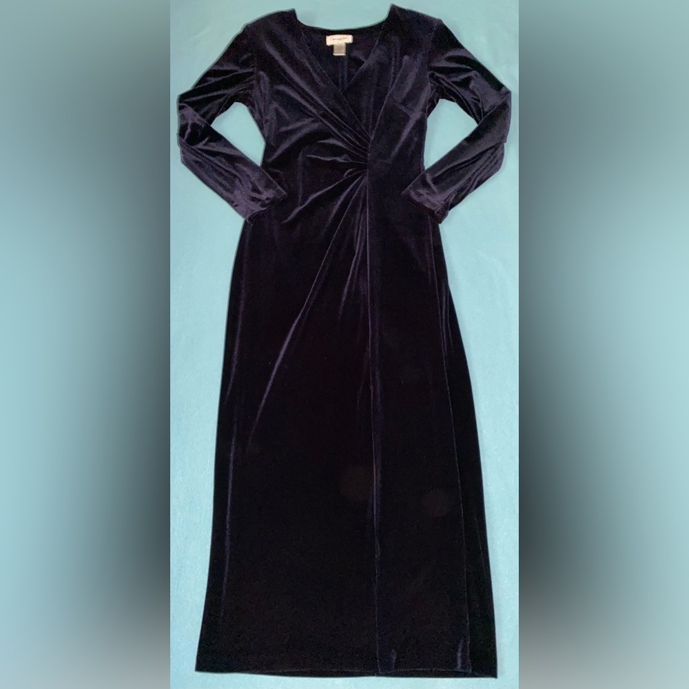 CONNECTED velvet vintage long sleeve faux wrap rutched midnight blue NEW size 8